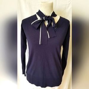 Ann Taylor tie neck navy cotton top size small